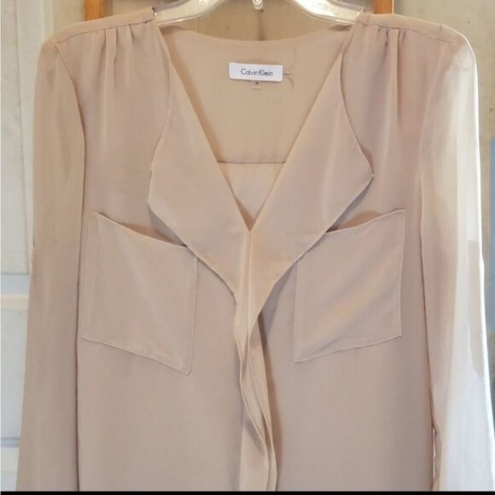 Calvin Klein Blouse M Long Sleeve Sheer Pocket Old Money Quiet Luxury Clean Girl - Picture 1 of 8